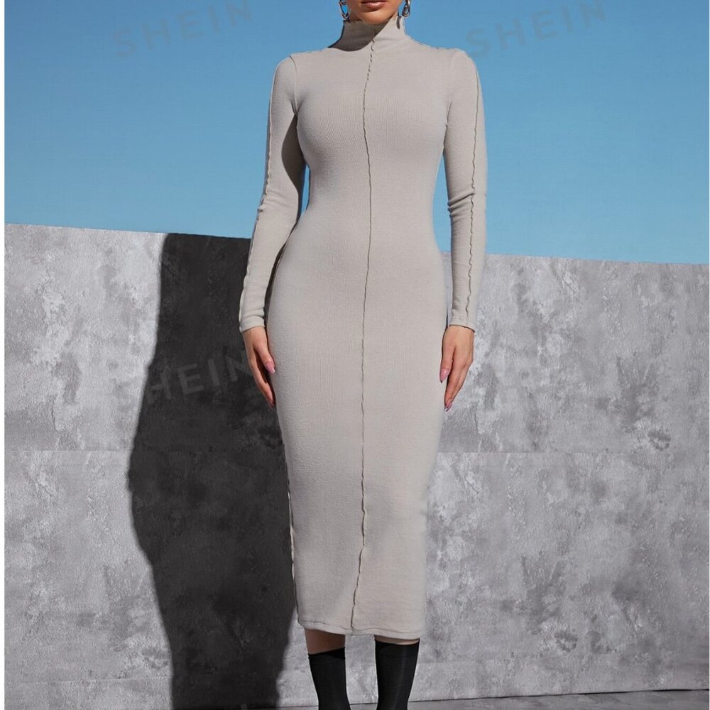 Mock Neck Lettuce Trim Bodycon Dress